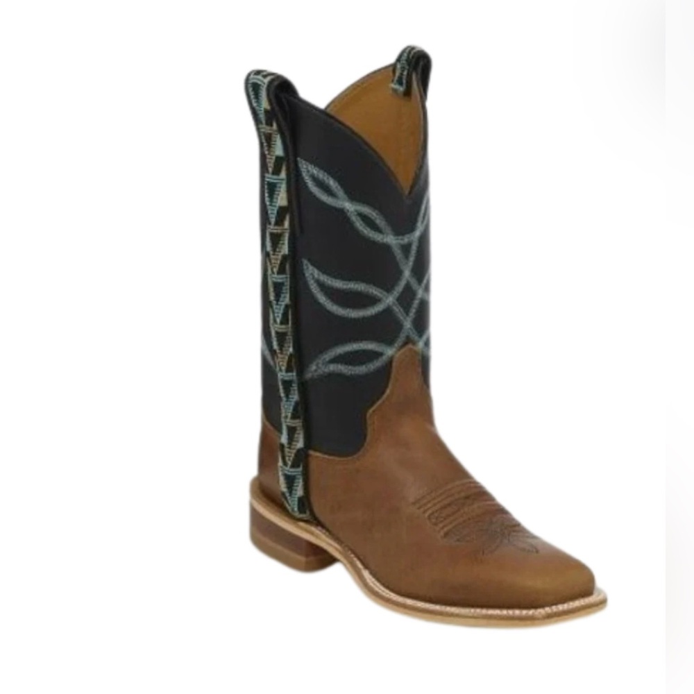Justin Women's Cowboy Boots Kennedy Tan Ribbon Black Turquoise Square Toe